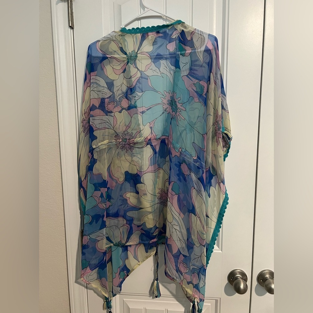 Nine West Floral Sheer Kimono with Teal Trim Swim Cover Up - Picture 5 of 7